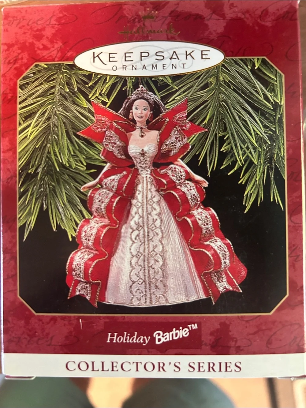 1997 Hallmark Holiday Barbie Ornament - Red, White & Gold Gown